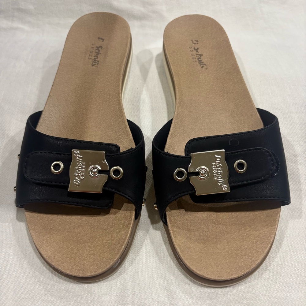 Dr. Scholl’s Black Strap Slide Sandals with Metal Buckle